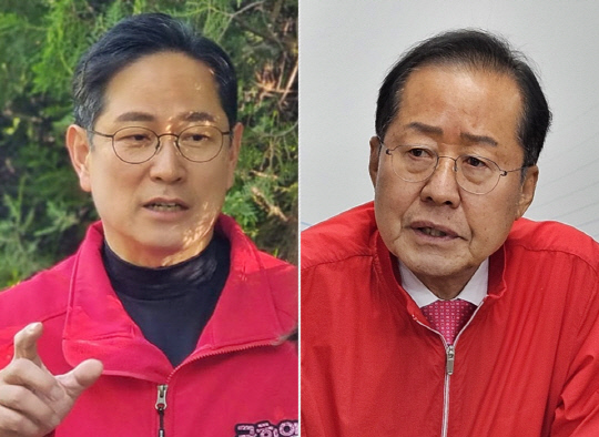 왼쪽부터 국민의힘 제22대 총선 부산 남구에서 재선에 성공한 박수영 의원, 홍준표 대구광역시장.<박수영 국회의원 페이스북 사진·연합뉴스 사진 갈무리>